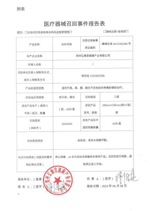 鄭州弘德堂健康產(chǎn)業(yè)有限公司對遠(yuǎn)紅外貼主動召回